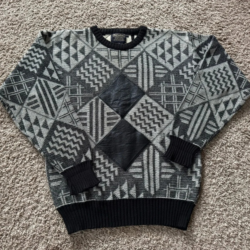 Vintage acrylic Barnaby Sweater Pullover Mens Medium Leather Patchwork